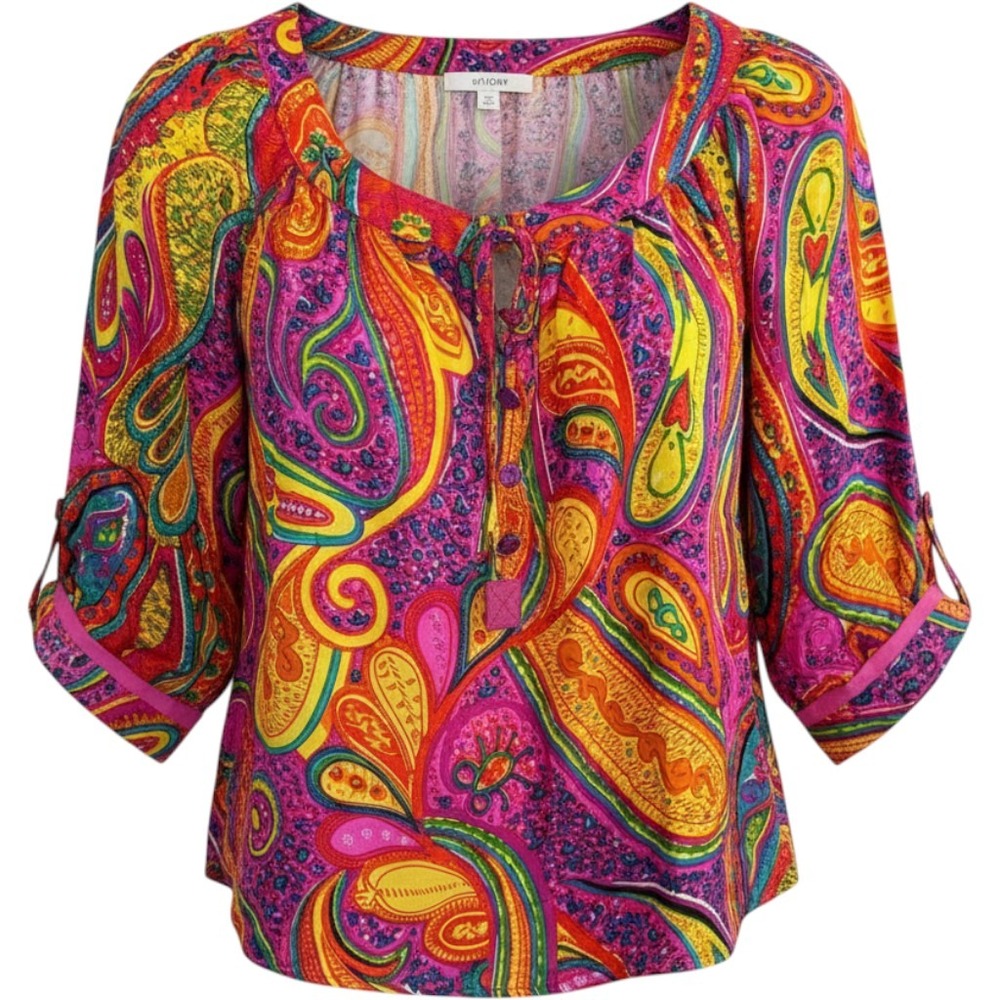 Trina Turk Silk Paisley Blouse Multi‎ Color 3/4 Sleeve Button Front Top Bright